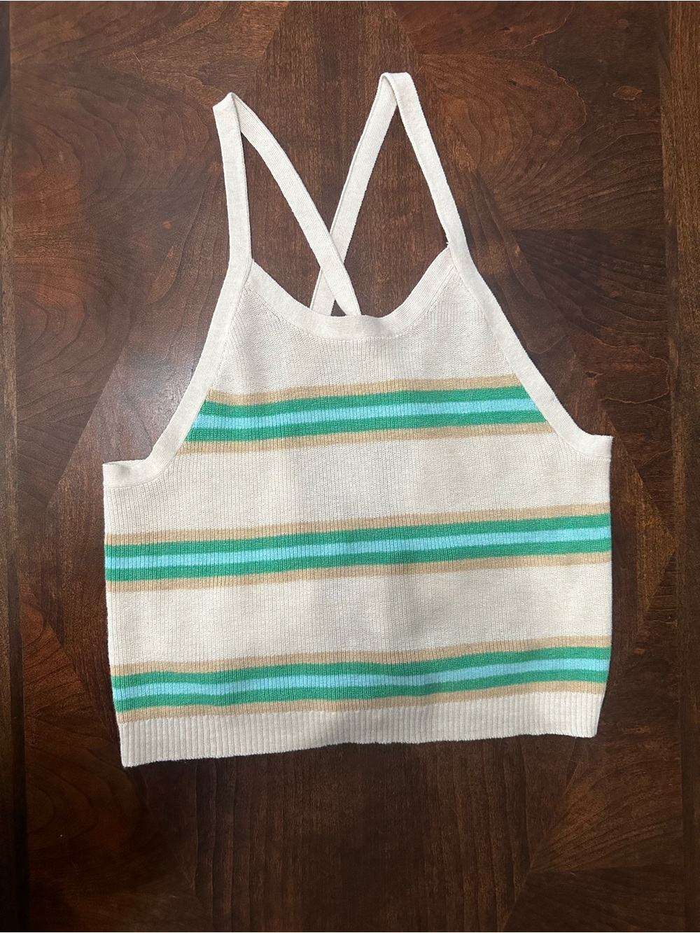 American Eagle Outfitters Cream Knit Halter Tank with Green and Tan Stripes
